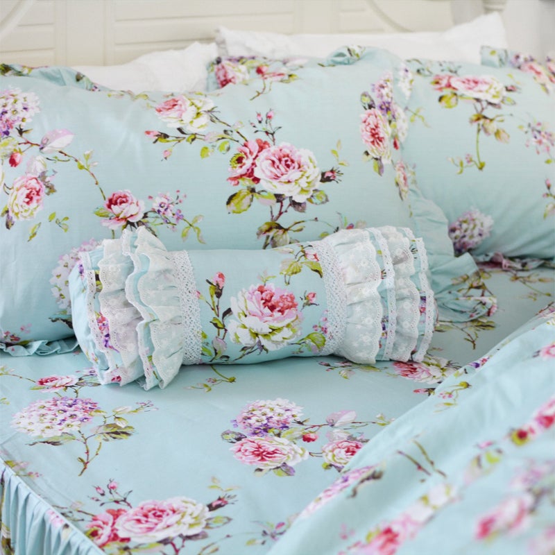 FADFAY Shabby Floarl Cotton Bedding Set Queen 4-Pieces Light Blue Hydrangea Print Duvet Cover Set with Bedskirt French Country Style with Ruffle -1 Duvet Cover, 1 Bedskirt, 2 Pillowshams - Image 5